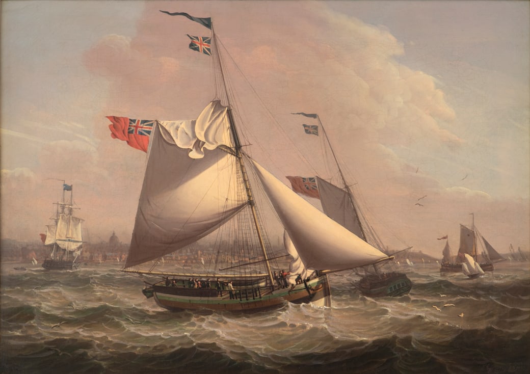 Robert Salmon (Am. 1775-1858), Mail Packet from Liverpool to Glasgow, 1805, Oil on canvas, framed: Robert Salmon (Am. 1775-1858) Mail Packet from Liverpool to Glasgow, 1805 Oil on canvas, framed Initialed and dated l.r., exhibition label and partial exhibition label on stretcher verso, Vose Gall