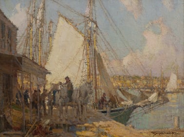 Frederick John Mulhaupt (Am. 1871-1938), Unloading the Catch, Oil on canvas board on masonite,
