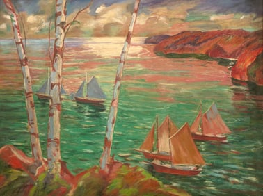 Jonas Lie (Am. 1880-1940), Sailing (Sailboats in a Harbor), Pastel on paper on board, framed