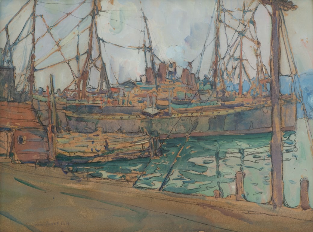Jane Peterson (Am. 1876-1965), "Boats at a NY Dock" 1916, Gouache and charcoal on paper, framed: Jane Peterson (Am. 1876-1965) "Boats at a NY Dock" 1916 Gouache and charcoal on paper, framed under glass Signed l.l., titled, dated and inscribed "Phil WC Club" verso 18" x 23 7/8" actual, 2