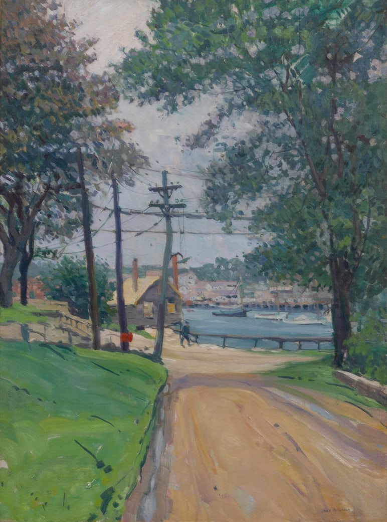 Jane Peterson (Am. 1876-1965), Road to Rocky Neck, East Gloucester, Oil on canvas, framed: Jane Peterson (Am. 1876-1965) Road to Rocky Neck, East Gloucester Oil on canvas, framed Signed l.r., Cooley Gallery label and Clarke Gallery label on backing verso 40" x 30" actual, 50 3/4" x