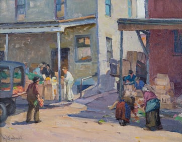 Mabel May Woodward (Am. 1877-1945), Providence Market Place, c. 1910, Oil on canvas laid to