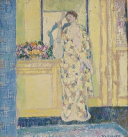 Frederick Carl Frieseke (Am. 1874-1939), Yellow Kimono, Oil on canvas, framed