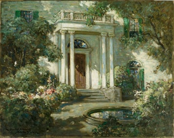 Abbott Fuller Graves (Am. 1859-1936), Front Porch in Dappled Sunlight, Oil on canvas, framed