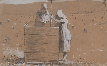 Winslow Homer (Am. 1836-1910), Two Girls in Sunbonnets at a Well, 1879, Pencil and Chinese white on
