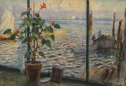 John Whorf (Am. 1903-1959), View through the Window, Provincetown, Watercolor on paper, framed under
