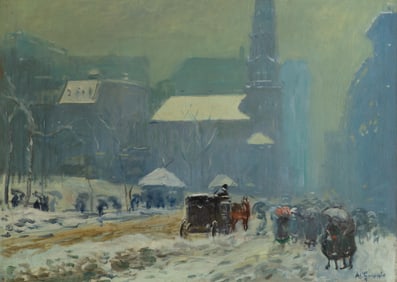 Arthur Clifton Goodwin (Am. 1864-1929), Park Street Church, Winter, ca. 1914, Oil on canvas, framed