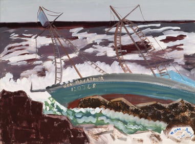 Milton Avery (Am. 1885-1965), General MacArthur on the Rocks, 1944, Gouache on paper, framed under