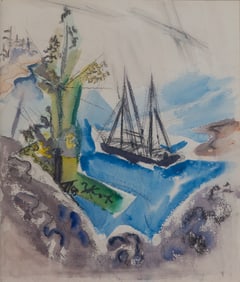 John Marin (Am. 1870-1953), "Within the 3 Mile Limit" (Tree, Rocks, and Schooner), 1921, Watercolor