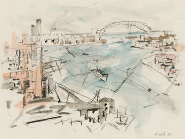 John Marin (Am. 1870-1953), Cityscape with River, 1951, Watercolor on paper, framed under glass