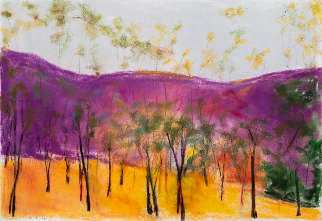 Wolf Kahn (Am. 1927-2020), Violet Behind Locusts, Pastel on paper, framed under glass: Wolf Kahn (Am. 1927-2020) Violet Behind Locusts Pastel on paper, framed under glass Signed l.l. 30 1/2" x 43 1/2" actual, 35 3/4" x 49 1/4" framed Provenance: <