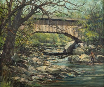 Eric Sloane (Am. 1905-1985), "Spring in Cambridge, Vermont", Oil on board, framed