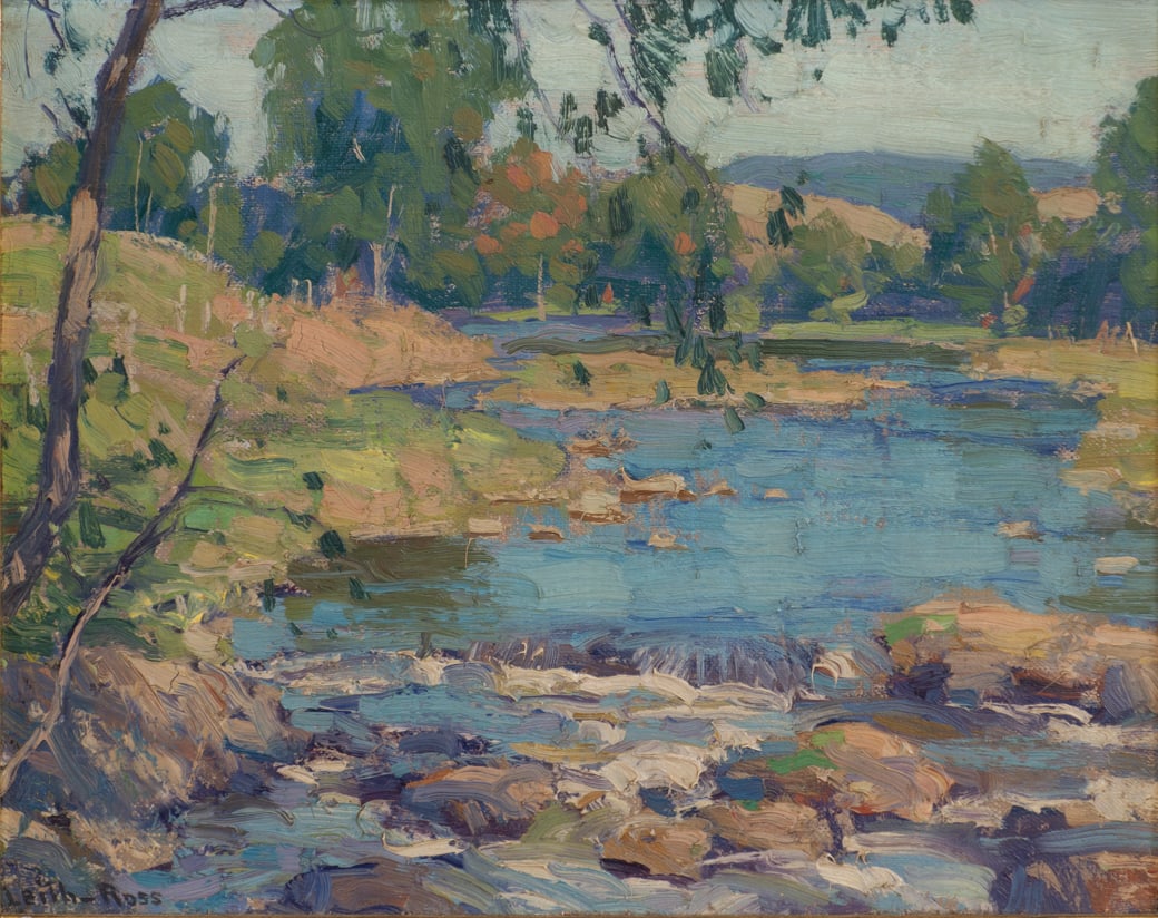 Harry Leith-Ross (Am. 1886-1973), The Blue Stream, Oil on canvasboard, framed: Harry Leith-Ross (Am. 1886-1973) The Blue Stream Oil on canvasboard, framed Signed l.l., artist's label on backing verso 8 1/4" x 10 5/16" actual, 12 1/2" x 14 1/2" framed