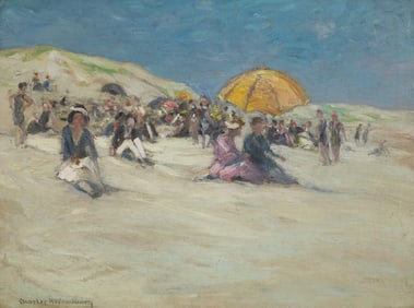 Charles H.  Woodbury (Am. 1864-1940), The Yellow Umbrella, Oil on canvas, framed