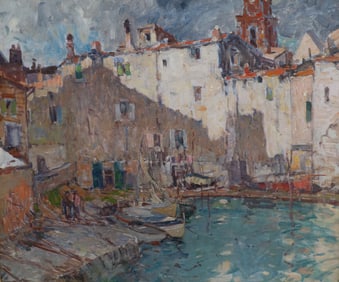 Harry Aiken Vincent (Am. 1864-1931), "Fishing Village" Provence, Oil on canvas, framed