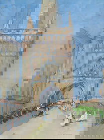 Jane Peterson (Am. 1876-1965), Bridge Tower, Prague, Gouache and charcoal on paper, framed under