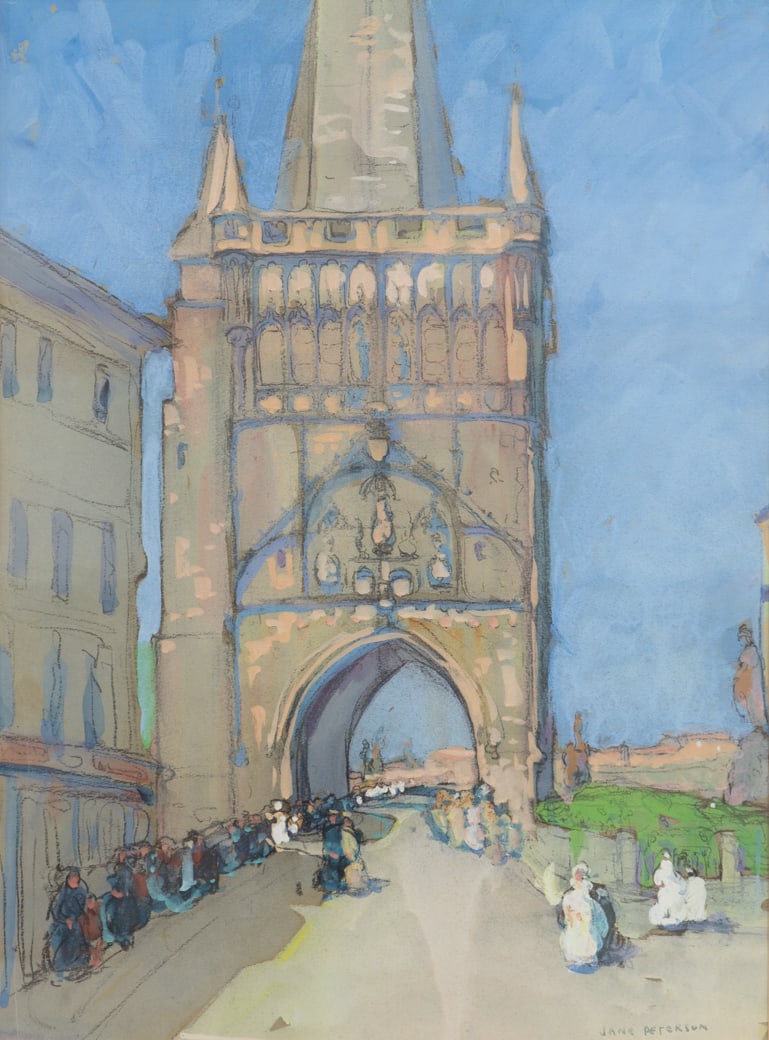 Jane Peterson (Am. 1876-1965), Bridge Tower, Prague, Gouache and charcoal on paper, framed under: Jane Peterson (Am. 1876-1965) Bridge Tower, Prague Gouache and charcoal on paper, framed under glass Signed l.r., biographical sheet and Skinner stickers on backing verso 24" x 18" actual, 2