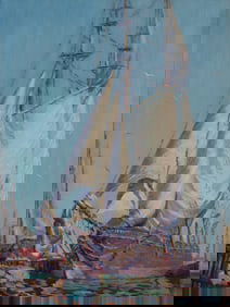 Harry Neyland (Am. 1877-1958), "Whaling Schooner 'John R. Manta' Drying Sails" c. 1925, Oil on