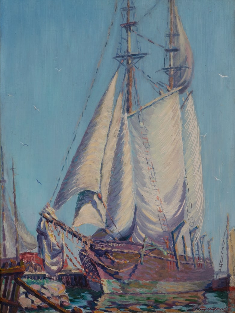 Harry Neyland (Am. 1877-1958), "Whaling Schooner 'John R. Manta' Drying Sails" c. 1925, Oil on: Harry Neyland (Am. 1877-1958) "Whaling Schooner 'John R. Manta' Drying Sails" c. 1925 Oil on board, framed Signed l.r., titled verso 15 1/2" x 11 7/8" actual, 19 1/4" x 15 1/2" framed