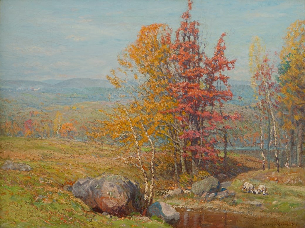 John Joseph Enneking (Am. 1841-1916), Autumn Fields, New England, 1895, Oil on canvas, framed: John Joseph Enneking (Am. 1841-1916) Autumn Fields, New England, 1895 Oil on canvas, framed Signed and dated l.r., Vose Galleries label and San Jose Museum of Art exhibition label on backing verso<