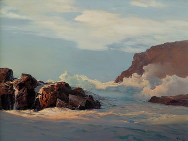 Frederick Judd Waugh (Am. 1861-1940), "Maine Coast, Evening", Oil on masonite, framed