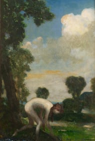 Arthur B. Davies (Am. 1862-1928), Nude Picking Flowers, Oil on canvas, framed