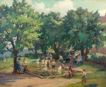 Mabel May Woodward (Am. 1877-1945), Afternoon at the Playground, Oil on canvas, framed