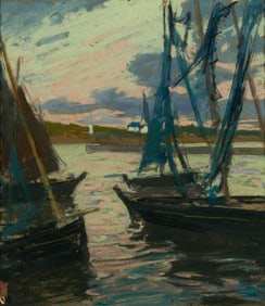 Charles Fromuth (Am. 1858-1937), Sardine Boats at Sunset, France, 1909, Pastel on board, framed