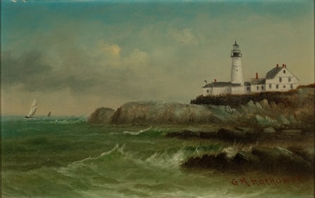 George M. Hathaway (Am. 1852-1903), "Portland Head", Oil on board, framed