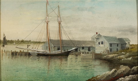 George M. Hathaway (Am. 1852-1903), Boat at Dock, Oil on panel, framed