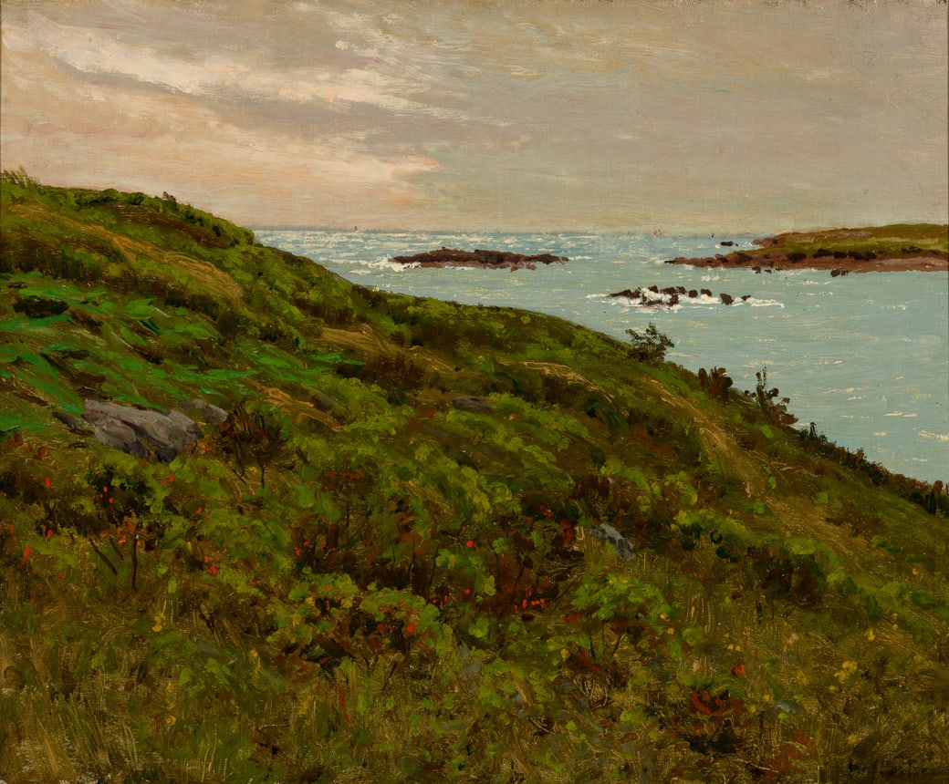 Ben Foster (Am. 1852-1926), Maine Coast, Oil on canvas, framed: Ben Foster (Am. 1852-1926) Maine Coast Oil on canvas, framed Signed l.r., Vose Galleries labels on backing 18 1/8" x 22" actual, 26 1/4" x 30" framed Provenance: </