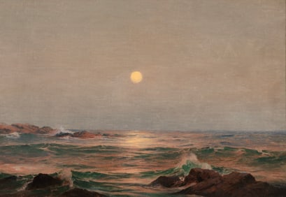 Warren Sheppard (Am. 1858-1937), Moonlit Seascape, Oil on canvas, framed