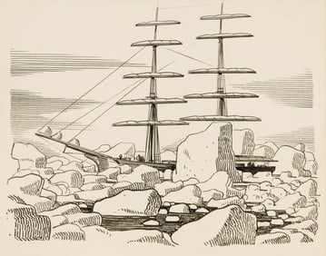 Rockwell Kent (Am. 1882-1971), Ship and Icebergs, Pen and ink on paper laid to board, framed under