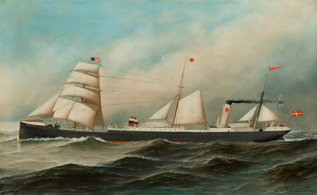 Antonio Jacobsen (Am./Danish 1850-1921), M/T "Christine" First Danish Tanker, 1894, Oil on canvas,