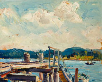 John Folinsbee (Am. 1892-1972), Maine Harbor, c. 1936, Oil on board, framed