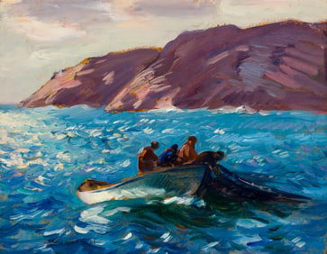 Gifford Beal (Am. 1879-1956), Bringing in the Catch, Oil on panel, framed