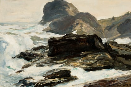 Andrew Winter (Estonian/Am. 1892-1958), Tide at Gull Rock, Monhegan, Maine, Oil on canvasboard,