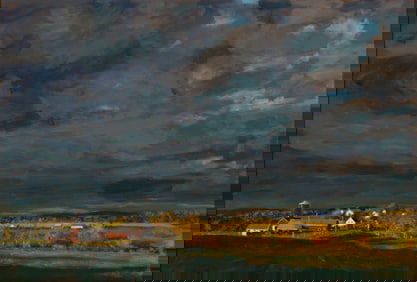 Linden Frederick (Am. b. 1953), "The Village" 1995, Oil on panel, framed