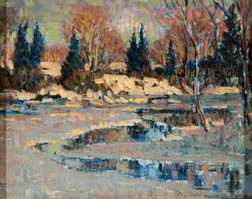 Vivien Milner Akers (Am. 1886-1966), Winter River, Oil on canvas laid to panel, framed in original