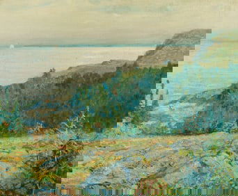 Wilson Irvine (Am. 1869-1936), View from Monhegan, Oil on canvas, framed