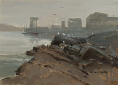 Don Stone (Am. 1929-2015), Monhegan Wharf, Gouache on paper, framed under glass