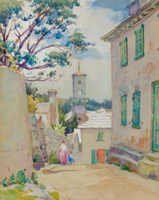 Mabel May Woodward (Am. 1877-1945), Village, Watercolor on paper, framed under glass