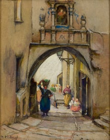 Mabel May Woodward (Am. 1877-1945), Street Scene, Gouache on paper laid to board, framed under glass