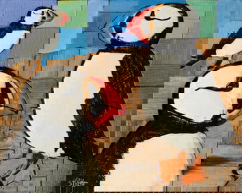 Mike Stiler (Am. b. 1946), "Puffin Land" 2007, Acrylic on wood construction, framed