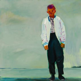 Connie Hayes (Am. 20th/21st Century), "Leaning Blue Boy" 1985, Oil on canvas, framed