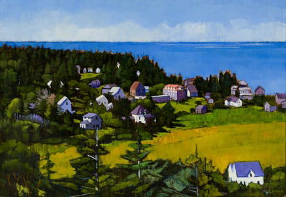 Sarah Knock (Am. b. 1947), "Monhegan Hill + Field", Oil on canvas, framed