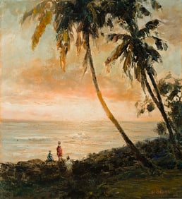 Hajime Okuda (Jap./Am. 1906-1992), "Sunset at Kona Hawaii" 1964, Oil on canvas, framed