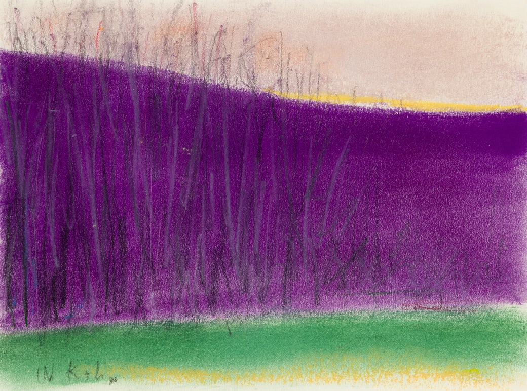 Wolf Kahn (Am. 1927-2020), Yellow Beyond Violet, Pastel on paper, framed under glass: Wolf Kahn (Am. 1927-2020) Yellow Beyond Violet Pastel on paper, framed under glass Signed l.l. 8 3/4" x 11 3/4" sight, 15" x 18 1/8" framed Provenance: Priva