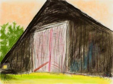 Wolf Kahn (Am. 1927-2020), Looming Barn, Pastel on paper, framed under glass