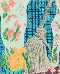 Lynne Drexler (Am. 1928-1999), Still Life with Mop, 1989, Colored pencil on paper, framed under: Lynne Drexler (Am. 1928-1999) Still Life with Mop, 1989 Colored pencil on paper, framed under glass Signed and dated verso 17" x 13 7/8" actual, 22 3/4" x 19 1/4" framed Pro